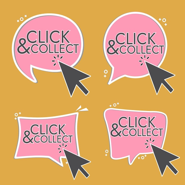 Click and collect button with cursor. Button with hand pointer clicking. Click here banner.