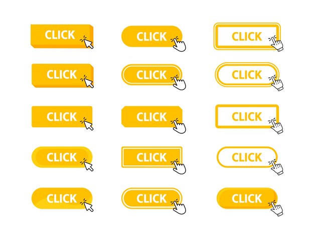 Click button with pointer clicking web button finger pressing click to click here concept vector