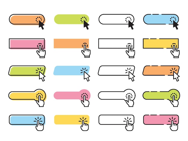 Click buttons Clicked button website buy interface elements Internet page bar cursor pointer and direction tools Isolated computer design tidy vector set