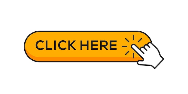 Click here banner vector Web button with action of hand pointer clicking Click here UI button