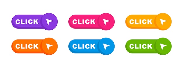 Click here buttons with arrow pointer Click here button set