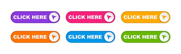 Click here buttons with arrow pointer Click here button set