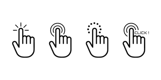 click here icon set in line style hand click hand clicking finger touch screen pointer cursor