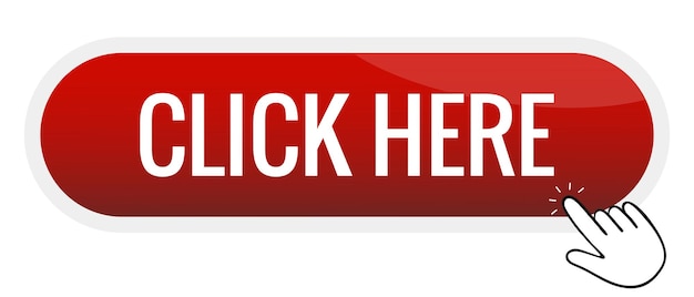 click here red glass button with glare hand index finger cursor press push banner business advertising announcement promotion logo design attract attention vector illustration
