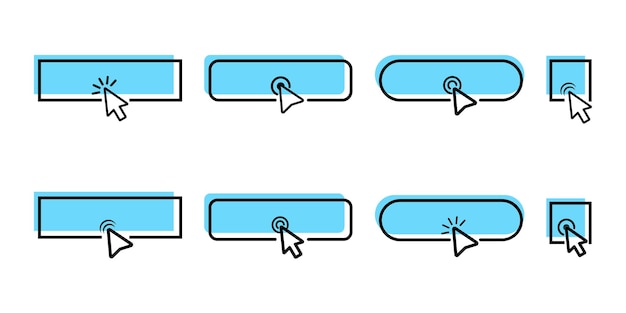 Click mouse cursor on blank button. Set of template web buttons and cursor. Pointer for touch.