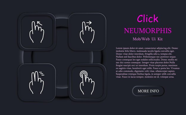 Click set icon Press double touch swipe left and right hold 3D touch hold hold swipe with two fingers smart movement scroll move neomorphism Abstract gestures concept