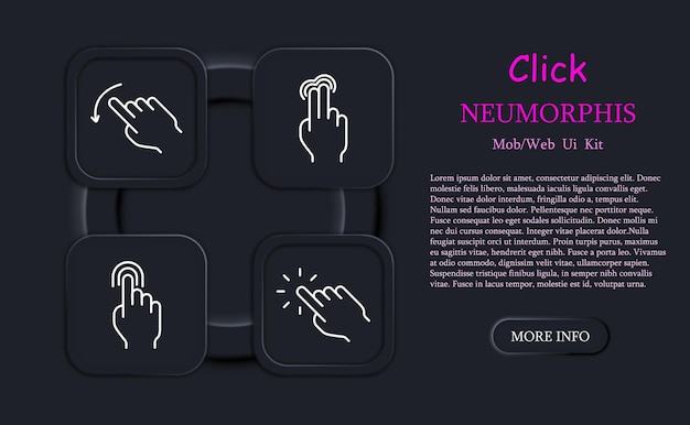 Click set icon Press double touch swipe left and right hold 3D touch hold hold swipe with two fingers smart movement scroll move neomorphism Abstract gestures concept