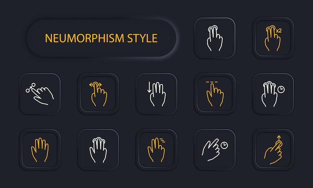 Clicks set icon Double click palm hand swipe move object scroll down with three fingers hold move up pinch with three fingers hold delay with three fingers neomorphism Gestures concept