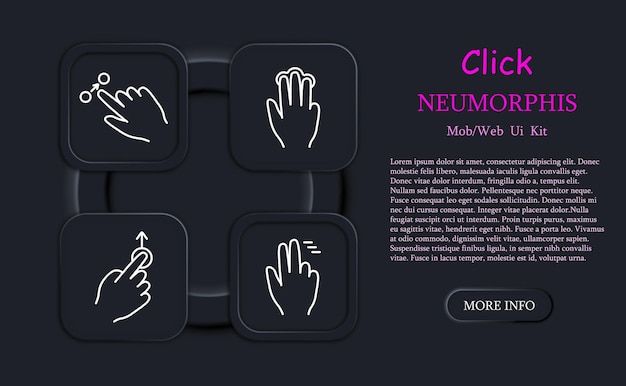 Clicks set icon Double click palm hand swipe move object scroll down with three fingers hold move up pinch with three fingers hold neomorphism delay with three fingers Gestures concept