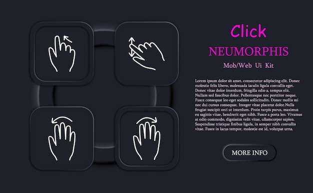 Clicks set icon Double click palm hand swipe move object scroll down with three fingers hold move up pinch with three fingers hold neomorphism delay with three fingers Gestures concept