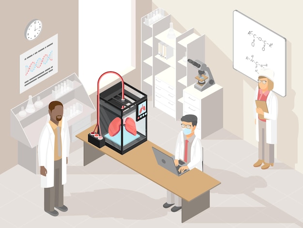 Clinic laboratory with medical 3d printer and professional doctors