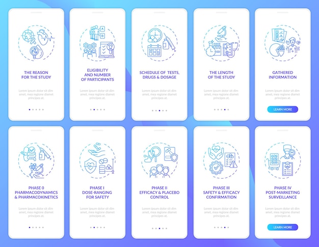 Clinical study onboarding mobile app page screen with concepts set.
