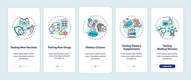 Clinical trials types onboarding mobile app page screen with concepts. New vaccines, drugs, diet walkthrough 5 steps graphic instructions.