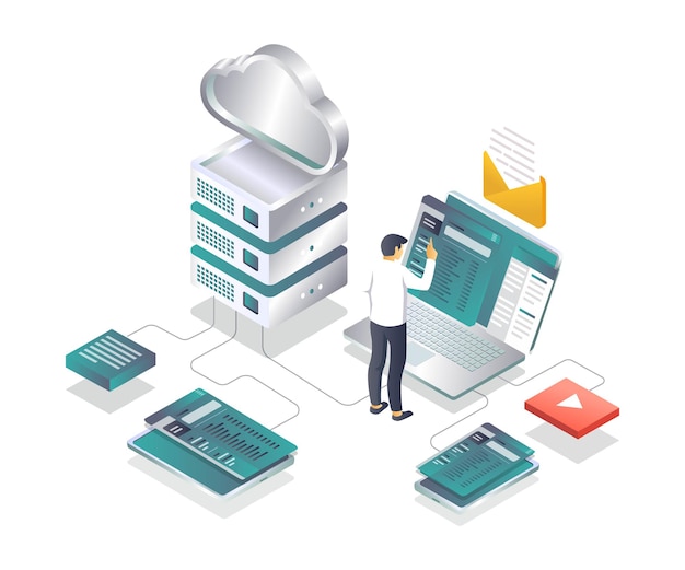 Cloud and network test application isometric illustration