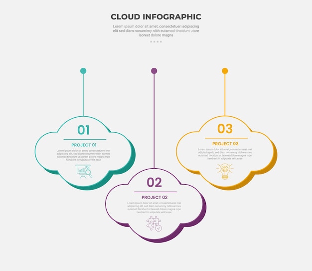 cloud base shape infographic outline style with 3 point template with big cloud up and down hanging on line for slide presentation