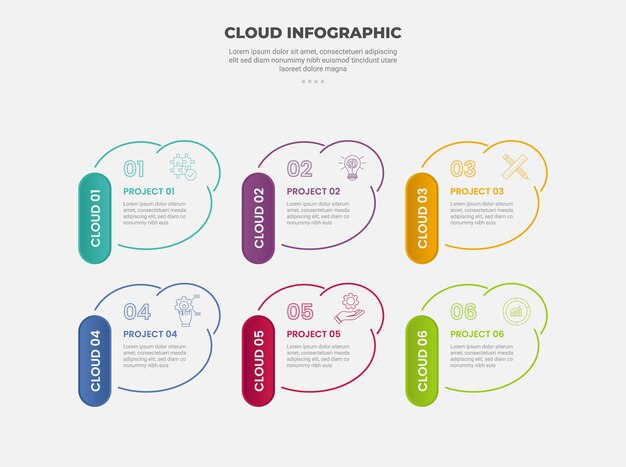 cloud base shape infographic outline style with 6 point template with round vertical rectangle badge on side for slide presentation