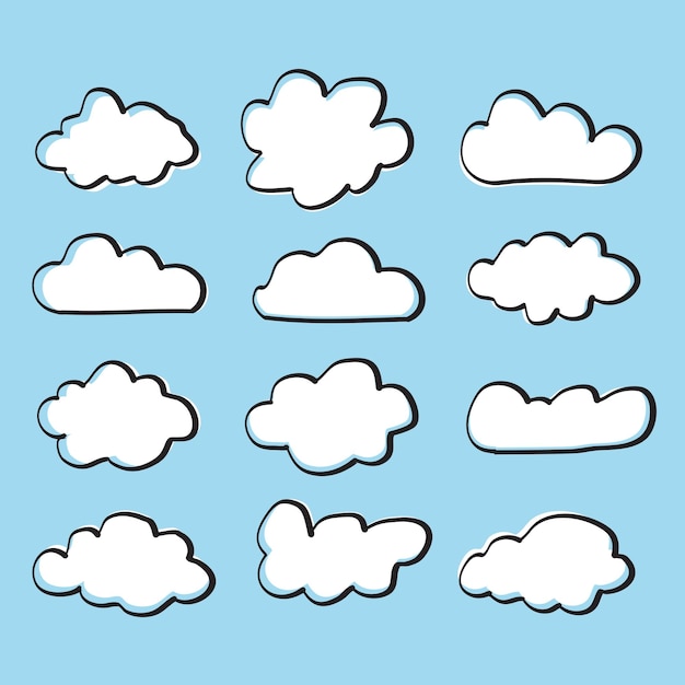 Cloud clipart vector set flat design with black line