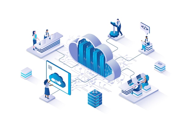 cloud computing 3d isometric concept with isometry people design for web user working with cloud technology of files download and storage sharing data with protection service vector illustration