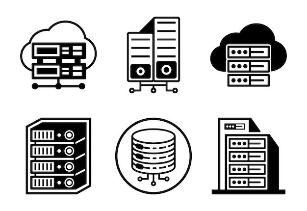 Cloud Computing and Server Infrastructure Icons Representing Data Storage and Network Communication Solutions
