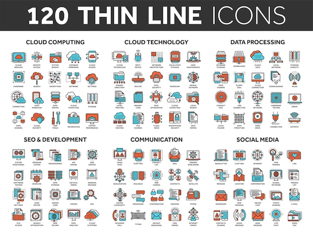 Cloud computing and technologyData storage Seodevelopment Social networkcommunication Internet connection Email message Thin line blue and red icons set Stroke