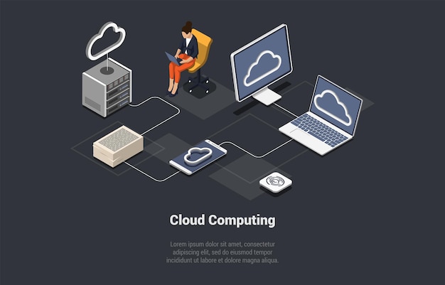 Cloud Computing Computing Services Delivery Including Servers Storage Databases Connection Technology Character Check Availability of Computer System Resources Isometric 3d Vector Illustration