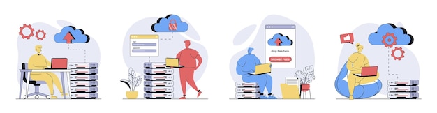 cloud computing concept set in flat design for web collection with people using cloud processing making sync and data backup with online files storage sharing and download vector illustrations