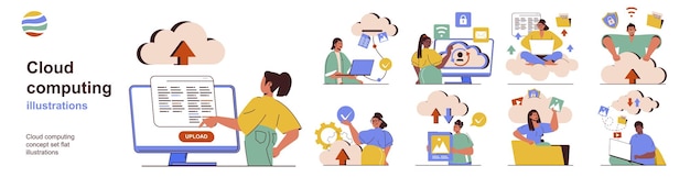 cloud computing concept with character situations collection bundle of scenes people use services for data exchange and file saving web hosting and servers vector illustrations in flat web design