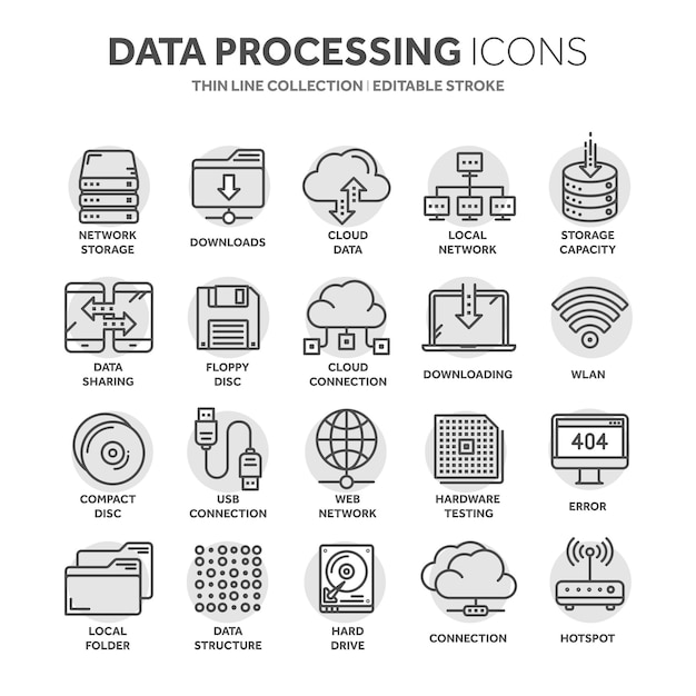 Cloud computing Internet technology Online services Data information security Connection Thin line black web icon set Outline icons collectionCircle element