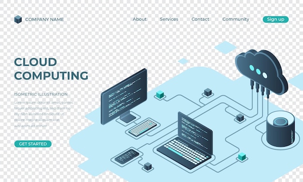 cloud computing isometric landing page cloud storage server cloud computing online database technology vector illustration