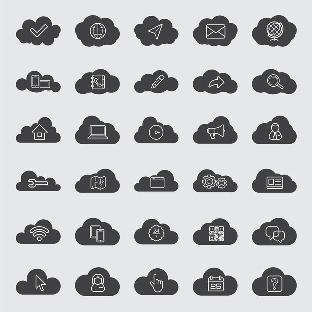 Cloud computing linear icons set Download upload settings and preferences symbols Lock unlock and folder icons Online data storage icons Vector isolated outline drawings