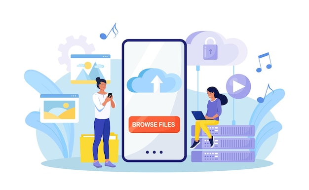 Cloud computing People storing data on cloud server processing data Web hosting online database Download files Mobile cloud storage app on smartphone screen Vector design