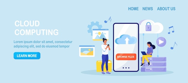 Cloud computing People storing data on cloud server processing data Web hosting online database Download files Mobile cloud storage app on smartphone screen Vector design
