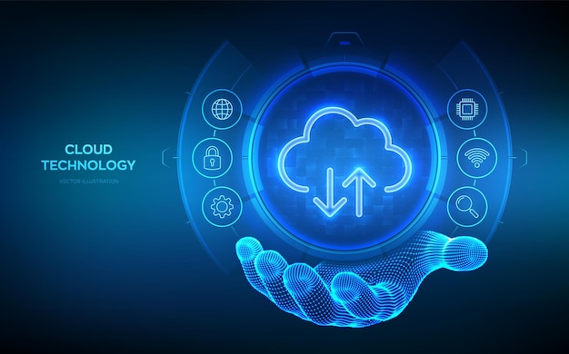 Cloud computing service Cloud icon in wireframe hand Cloud services technology concept Database storage Data center Upload download app Backup and synchronization data Vector illustration