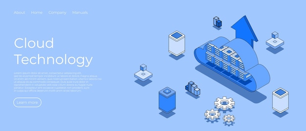 Cloud computing service management isometric scene Digital technology background Digital service or app with data transfering Vector illustration concept