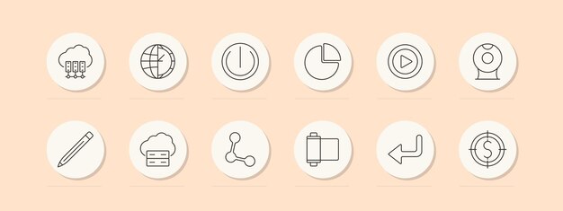 Cloud computing set icon Server globe power button pie chart play button webcam pencil data network film reel dollar target Technology digital concept Vector line icon on peach background