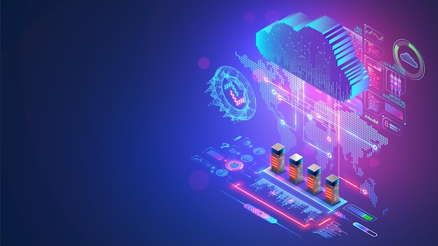 Cloud computing technology concept Digital Cloud hover over world map Cloud storage in data center Servers of global internet network work with big data Internet service of storage information