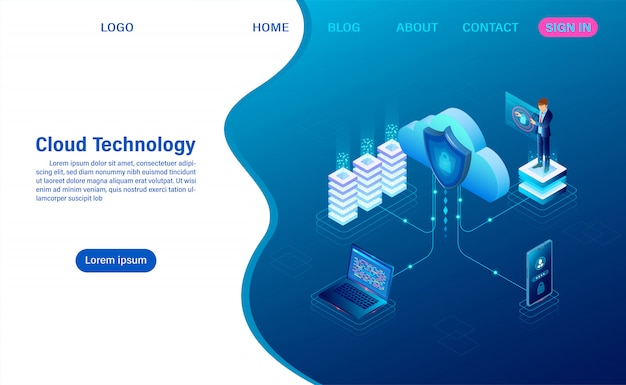 cloud computing technology . digital service or app with data transfering. data processing protecting data security concept. isometric flat 
