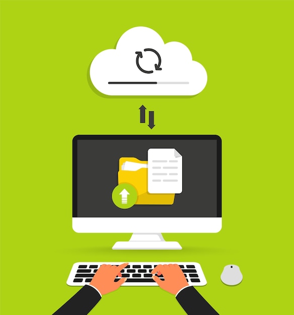 Cloud computing Uploading process on computer screen Data storage and processing Backup concept Network cloud service and hosting Copying file Person with laptop uploading files to cloud storage