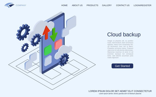 Cloud data backup, information storage flat 3d isometric vector concept illustration