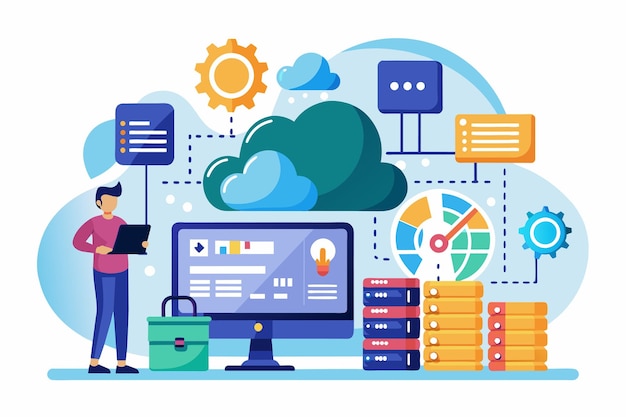 Cloud data management for effective backup and handling of information in a digital workspace Cloud data management includes data backup and handling of big data represented in a flat illustration