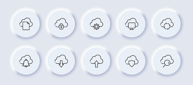 Cloud neomorphic line icon set Cloud storage exchange database remote access cloud service artificial intelligence security data warehouse concept Vector neomorphic black line icon