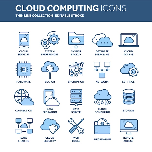 cloud omputing internet technology online services data information security connection thin line blue web icon set outline icons collectionvector illustration