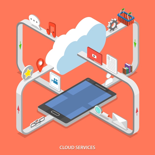 Cloud services flat isometric concept.