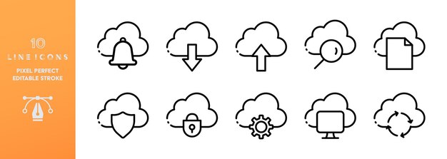 Cloud set icon Editable stroke Cloud storage download upload refresh shield gear neural network data store database remote access artificial intelligence Vector line icon