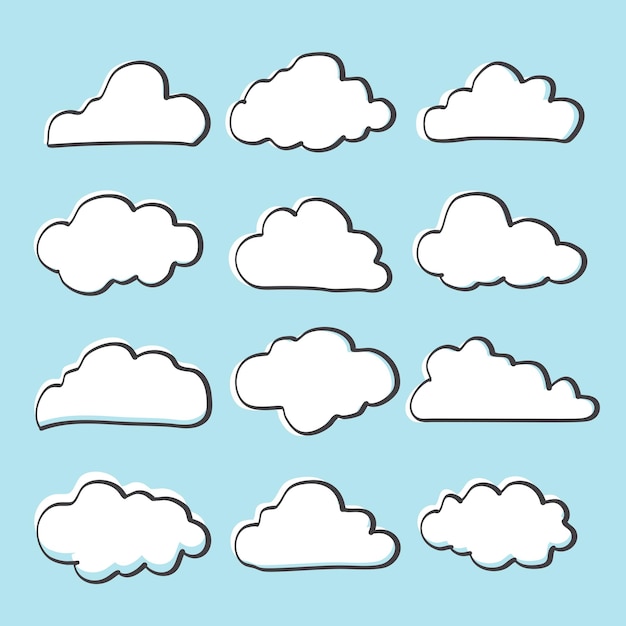 Cloud sticker clipart vector set with black line
