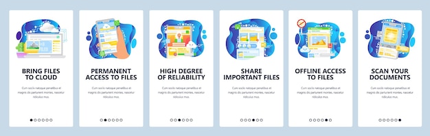 Cloud storage and files sharing app Offline access storage technology hosting service Mobile app onboarding screens Vector banner template for website mobile development Web site illustration
