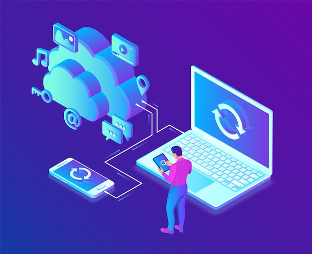 Cloud storage. Cloud Computing Technology Isometric  with Laptop and Smartphone Icons.