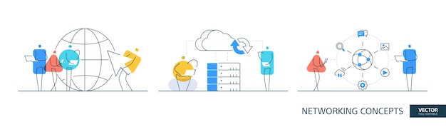 Cloud storage illustrations set in thin line style Global server abstract linear vector design concepts Network security flat icons Tiny geometric people team