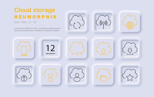 Cloud storage set icon Cloud upload download mobile data transfer synchronization internet storage network technology user neomorphic style digital