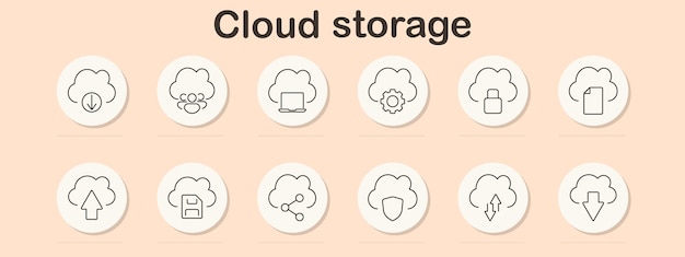 Cloud storage set icon Data upload download file sharing remote access security backup digital collaboration system management online services cloud computing network technology